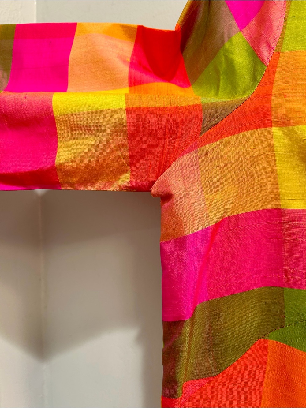 Vintage 60s Plaid Raw Silk Cheongsam Mandarin Collar Tunic Top Frog Closure - Picture 12 of 14